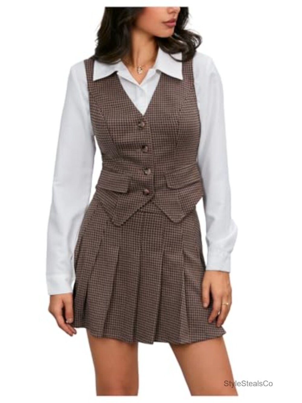 Women's Plaid Skirt Set 2 Piece Vest Top Pleated Mini Business Outfit